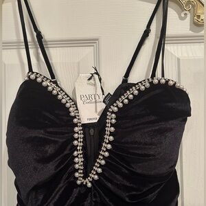 NWT Black velvet jumpsuit with pearl and sparkly  detail and ruching. Size large
